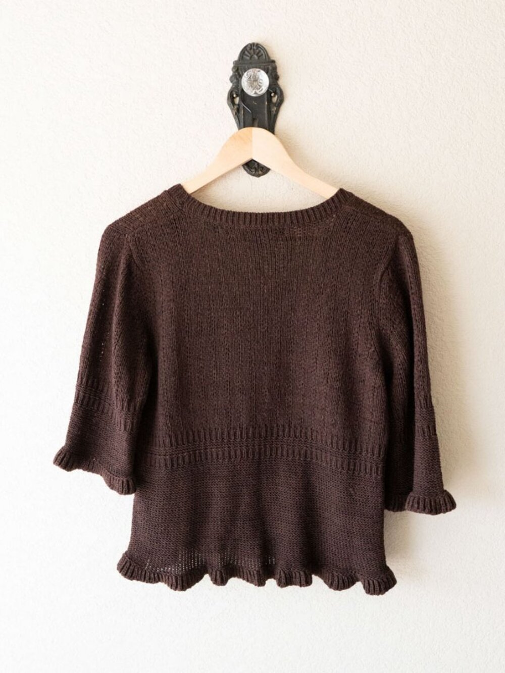 C'est City Cardigan Womens L Chocolate Brown Ruffle Knit Short Sleeve Boho Y2K - Picture 9 of 14